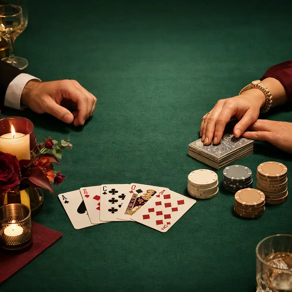 Physischer Spieltisch mit Karten und Chips bei einem Casino-inspirierten Themenabend
