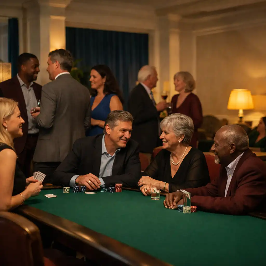 Erwachsene Gäste im Gespräch in einer stilvollen Casino-inspirierten Eventlounge