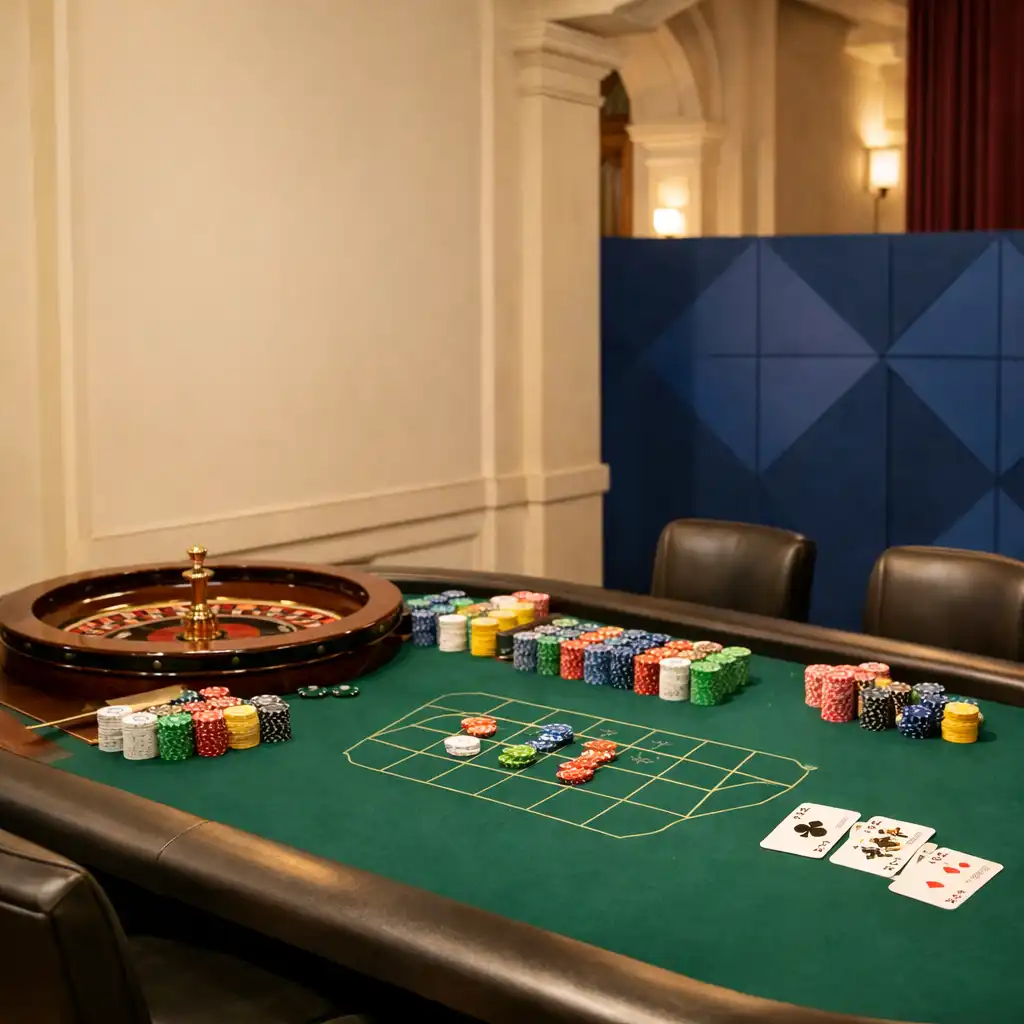 Vorbereiteter grüner Spieltisch mit Karten und Chips in einem hellen Eventraum