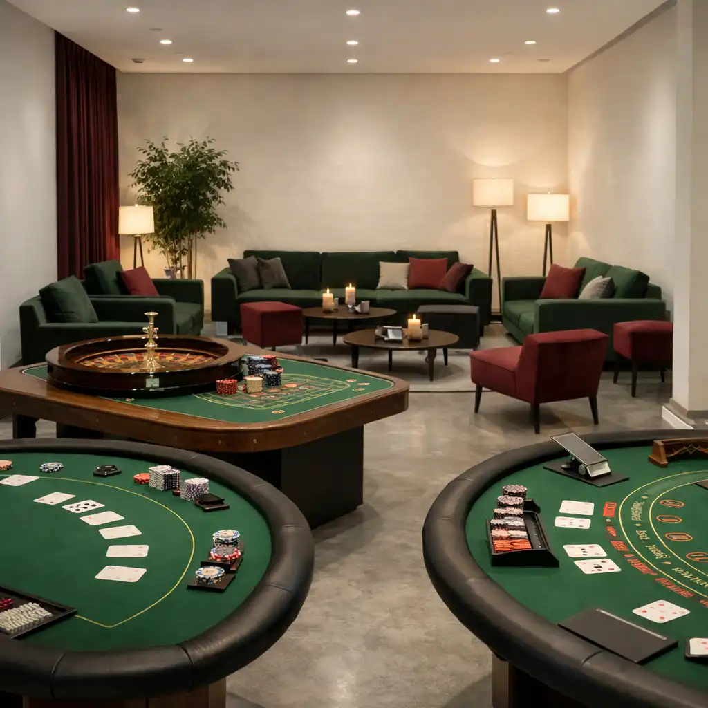 Vorbereitete Pokertische und Lounge-Bereiche in einem modernen Eventraum