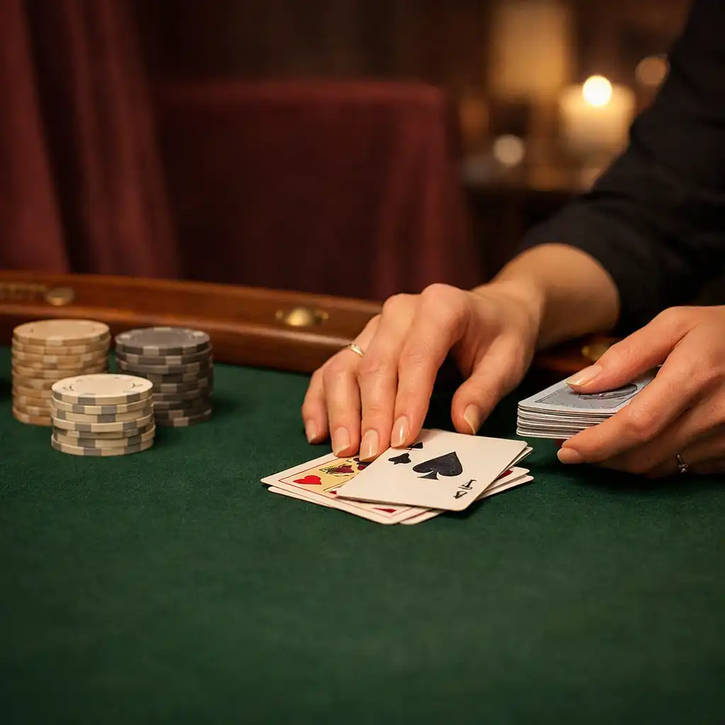 Hände ordnen Karten und neutrale Chips auf einem grünen Filztisch eines Casino-inspirierten Themenabends.