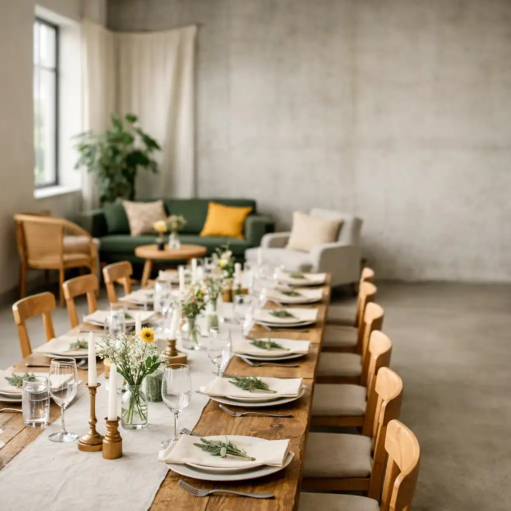 Vorbereiteter Eventraum mit gedeckter Tafel, Dekoration und Loungebereich.