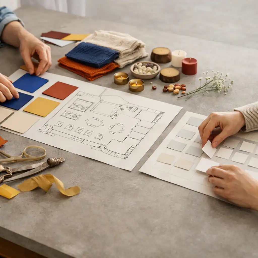 Zwei Personen planen an einem Tisch mit Farbkarten, Stoffmustern und Dekorationsmaterialien eine Veranstaltung