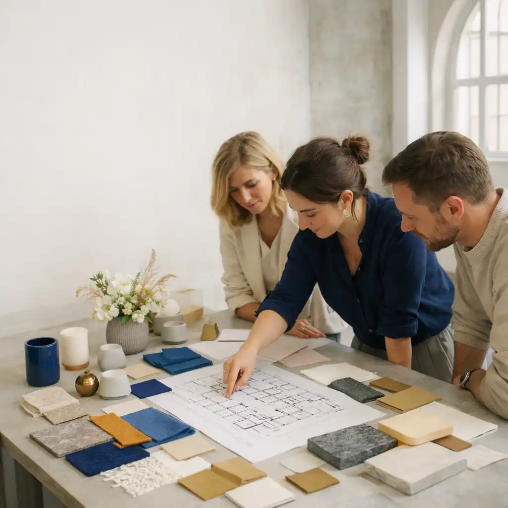Menschen planen an einem Tisch mit Materialproben und Raumplan ein Event