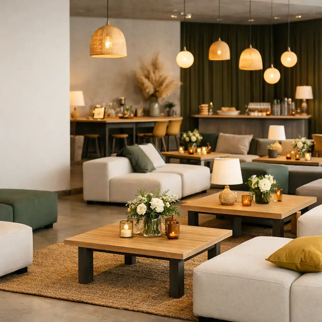 Heller Lounge- und Empfangsbereich mit Sitzmöbeln und Tischdekoration für eine Firmenfeier