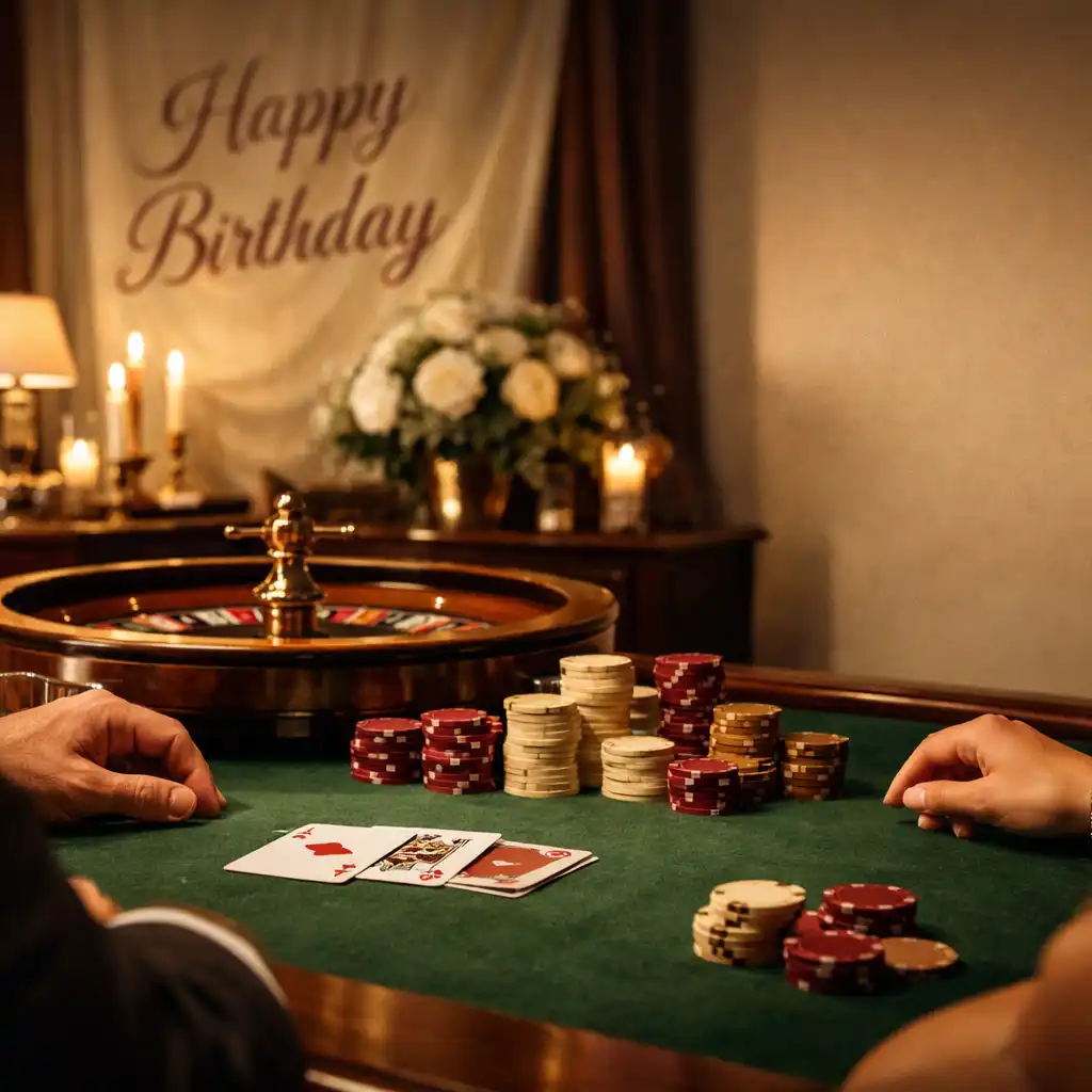 Analoge Casino-inspirierte Themenwelt mit grünem Spieltisch, Karten und Chips in einem Eventraum