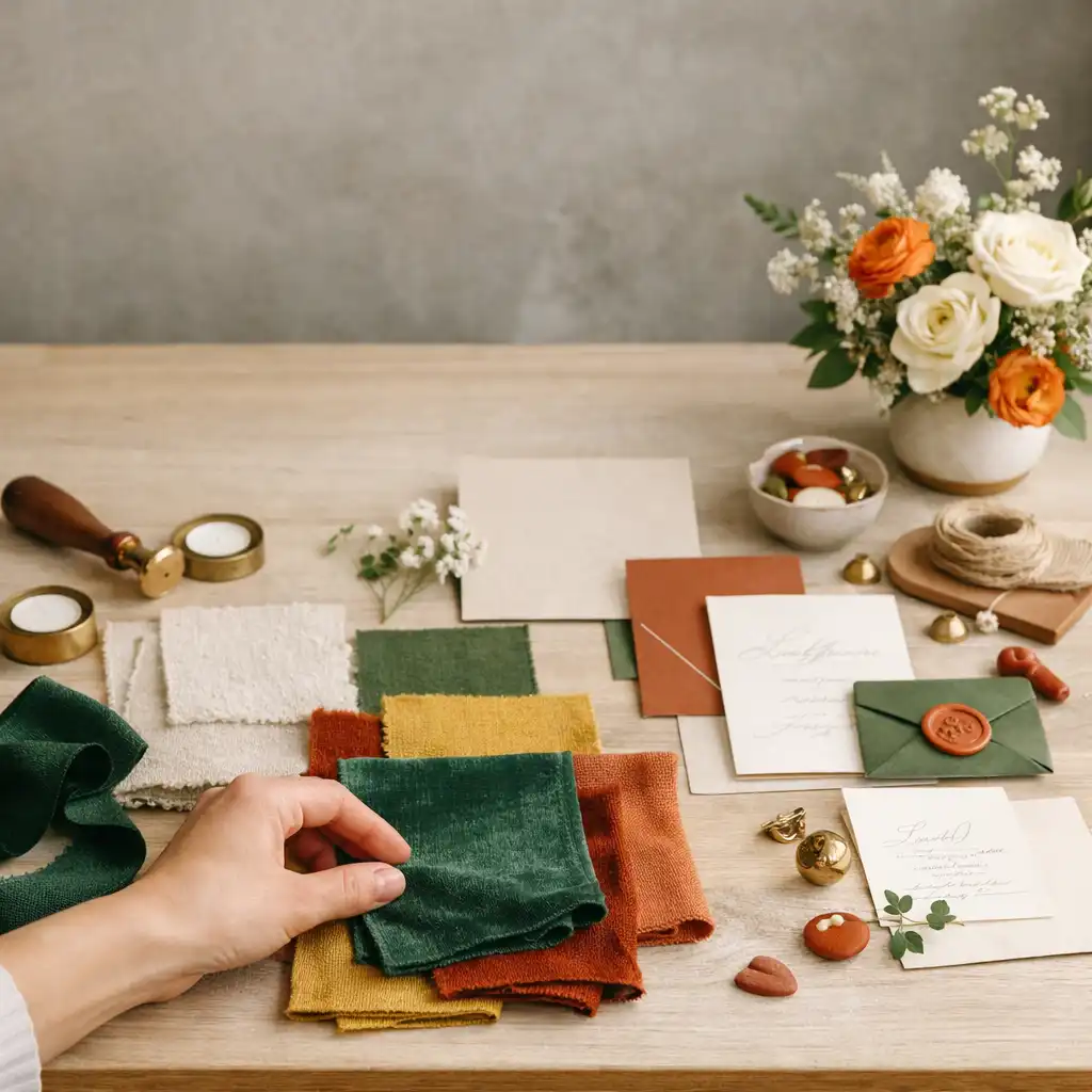 Hand ordnet Materialien und Dekoration für ein Eventdesign