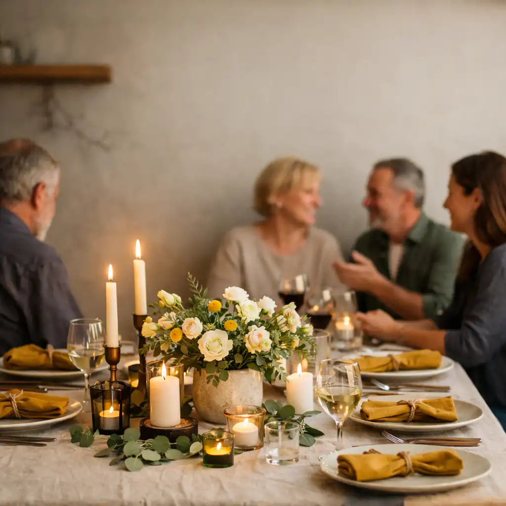 Gestalteter Tisch mit Blumen und Dekoration bei einer privaten Feier
