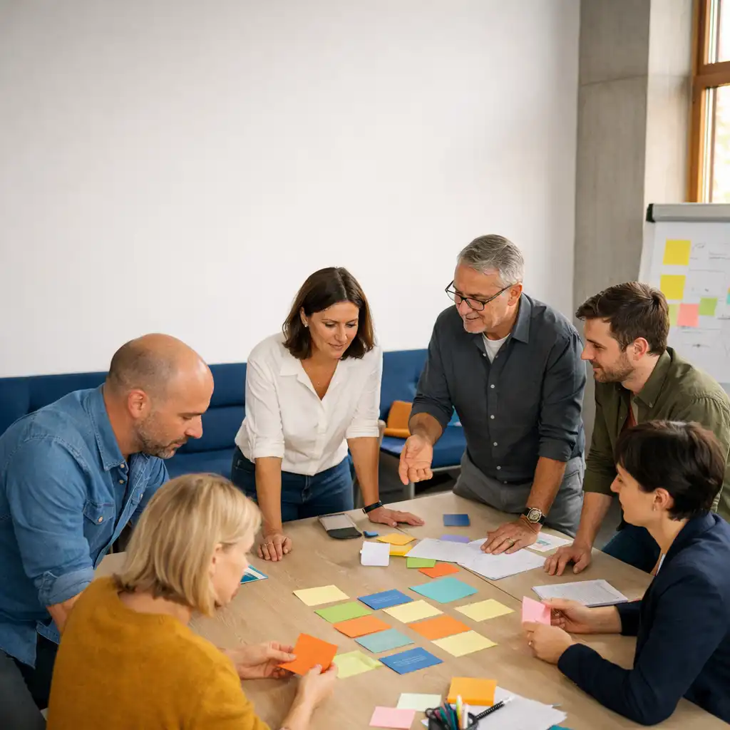 Kolleginnen und Kollegen besprechen Karten und Materialien an einem vorbereiteten Arbeitstisch.