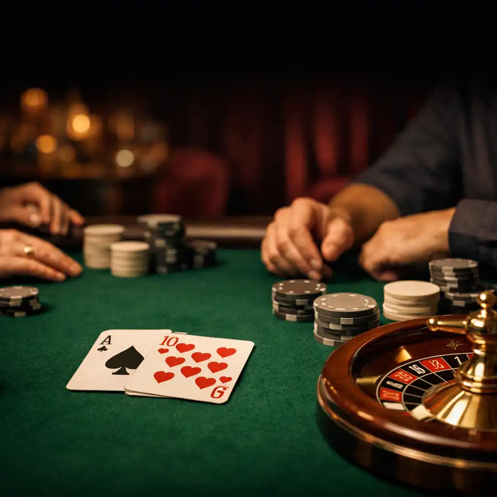 Grüner Spieltisch mit Karten, Chips und Händen bei einem Casino-inspirierten Teamabend.