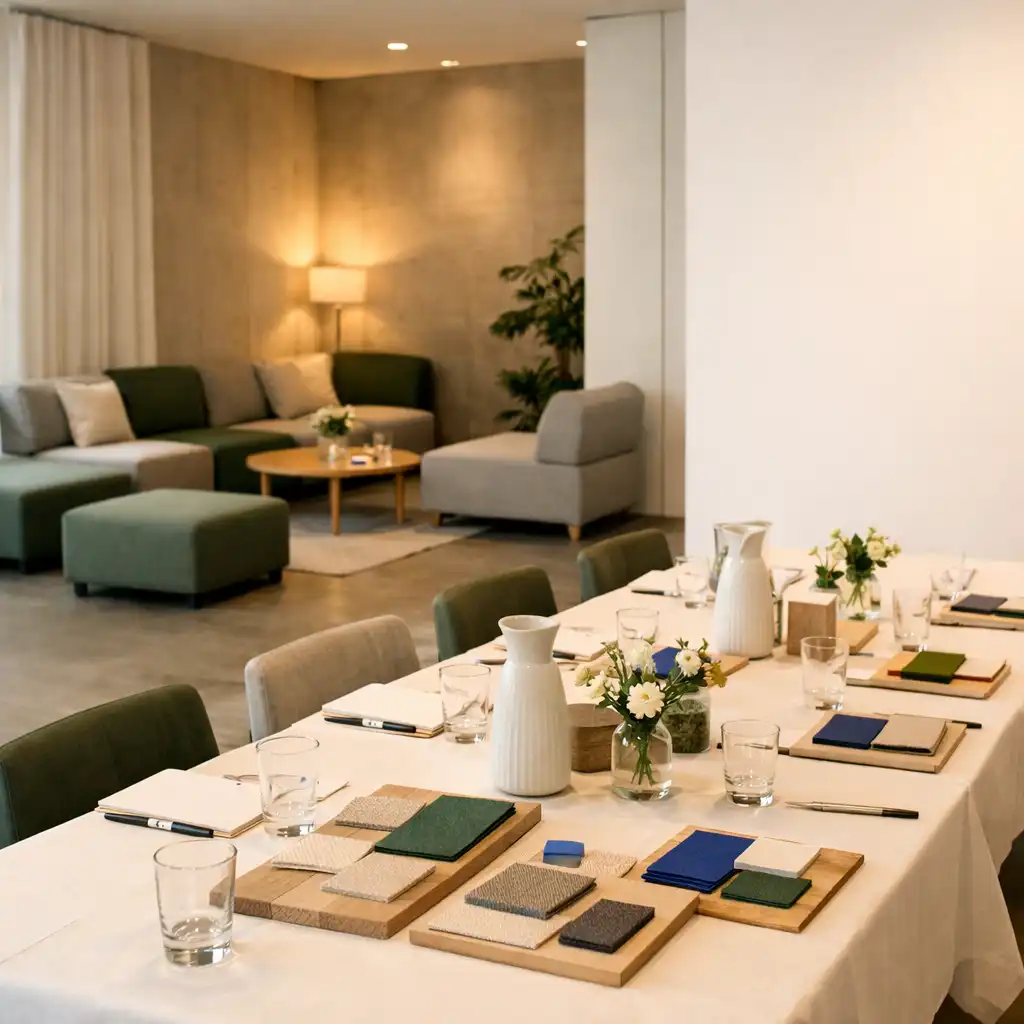 Vorbereiteter Raum mit langer Tafel, Lounge-Sesseln und sorgfältiger Eventgestaltung.