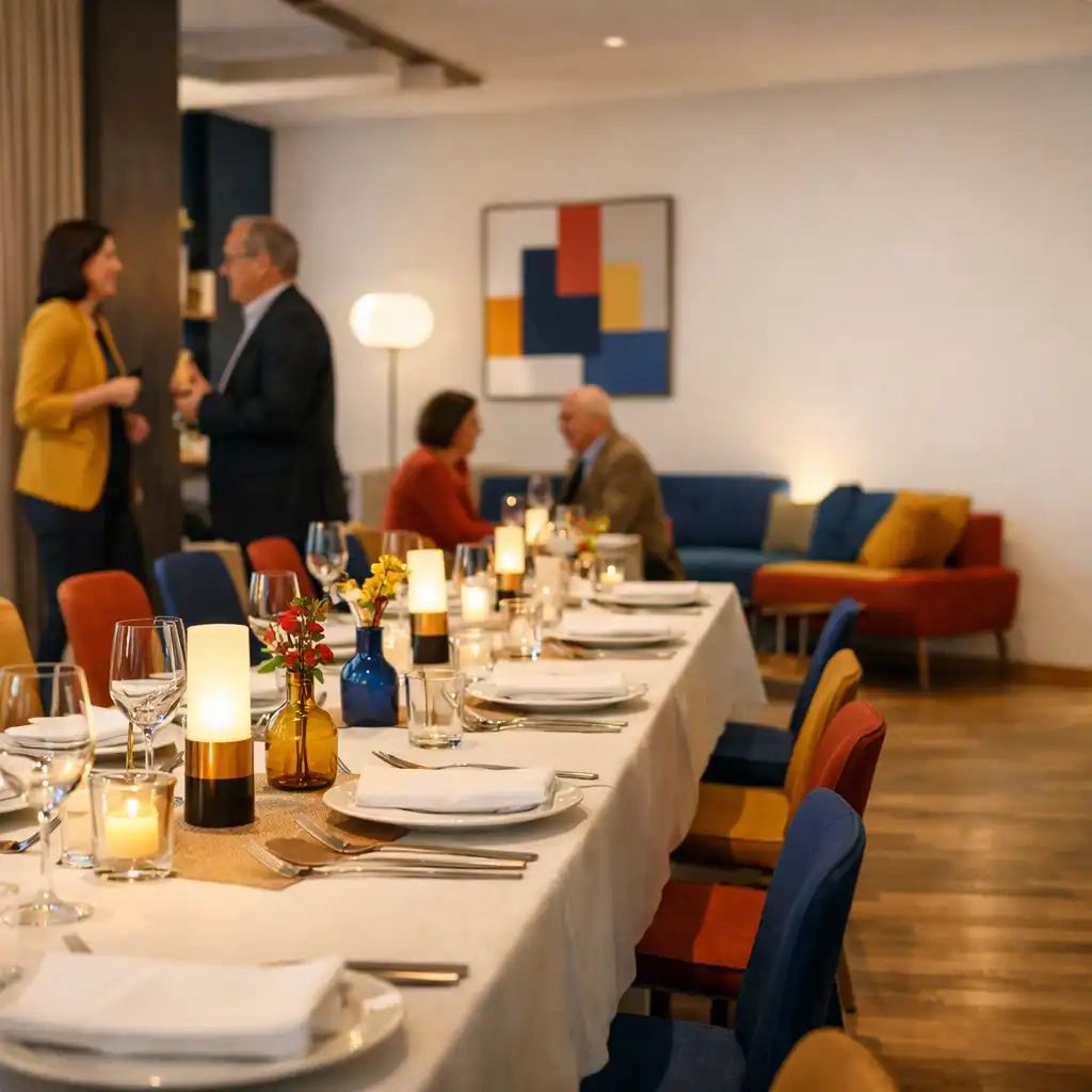 Gestalteter Tisch und Lounge-Bereich bei einem Themenabend