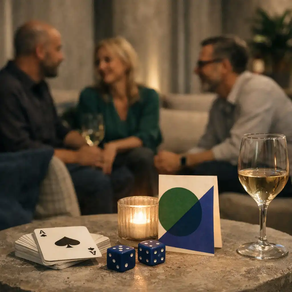 Gesprächssituation in einer Event-Lounge mit Karten und farbigen Papierdetails