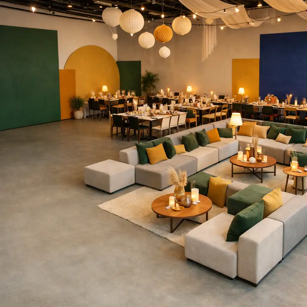 Helle Eventfläche mit Lounge-Möbeln, gedeckten Tischen und Dekoration